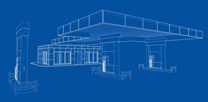 Gas Station. 3d illustration. Blueprint or Wire-frame style