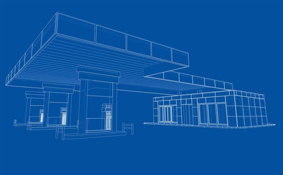 Gas Station. 3d illustration. Blueprint or Wire-frame style