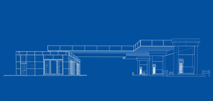 Gas Station. 3d illustration. Blueprint or Wire-frame style