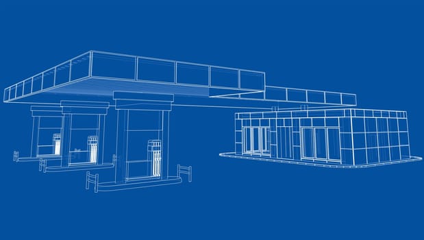 Gas Station. 3d illustration. Blueprint or Wire-frame style