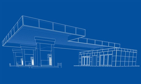 Gas Station. 3d illustration. Blueprint or Wire-frame style