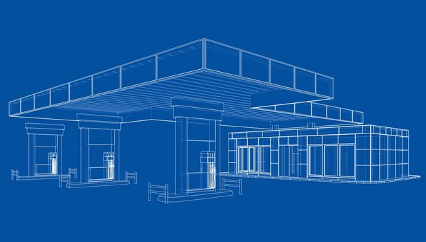 Gas Station. 3d illustration. Blueprint or Wire-frame style