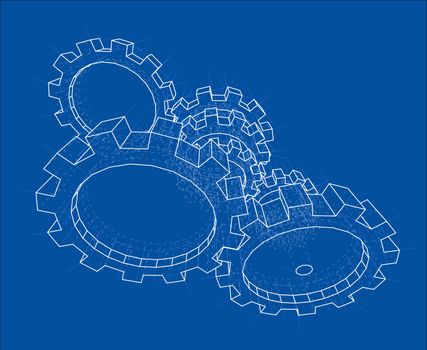 3D gears. 3d illustration. Blueprint or Wire-frame style