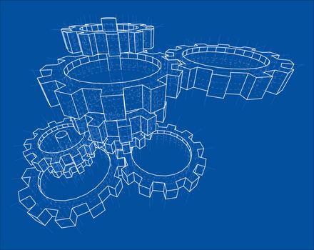 3D gears. 3d illustration. Blueprint or Wire-frame style