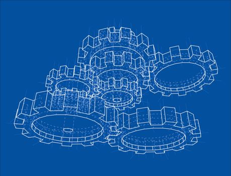 3D gears. 3d illustration. Blueprint or Wire-frame style