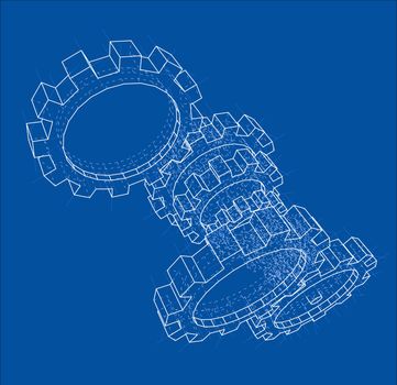 3D gears. 3d illustration. Blueprint or Wire-frame style