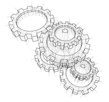 3D gears. 3d illustration. Blueprint or Wire-frame style