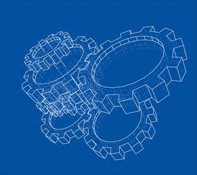 3D gears. 3d illustration. Blueprint or Wire-frame style