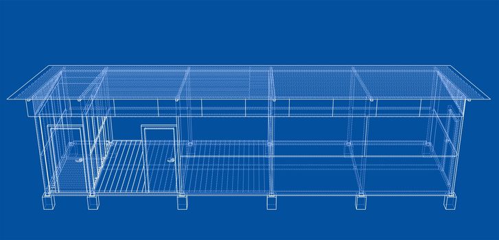 Household building project. 3d illustration. Wire-frame style