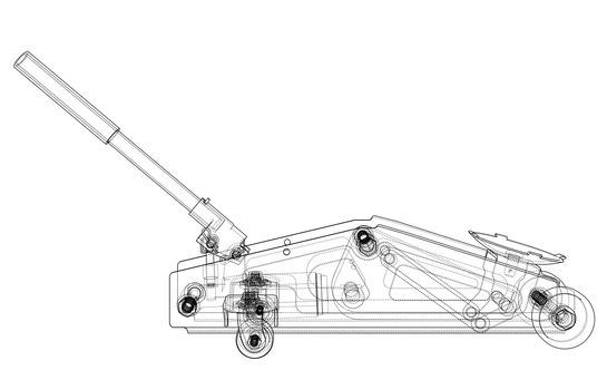 Hydraulic floor jack outline. 3d illustration. Wire-frame style