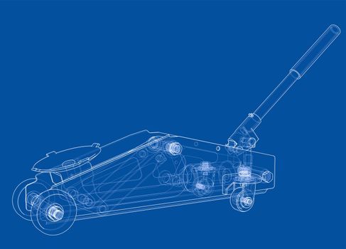 Hydraulic floor jack outline. 3d illustration. Wire-frame style