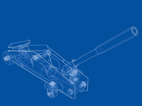 Hydraulic floor jack outline. 3d illustration. Wire-frame style