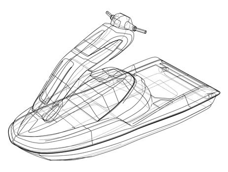 Jet ski sketch. 3d illustration. Wire-frame style