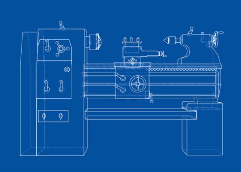 Lathe concept. 3d illustration. Blueprint or Wire-frame style