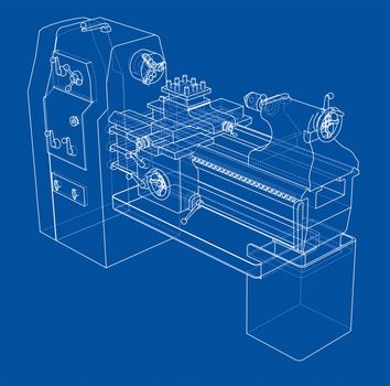 Lathe concept. 3d illustration. Blueprint or Wire-frame style