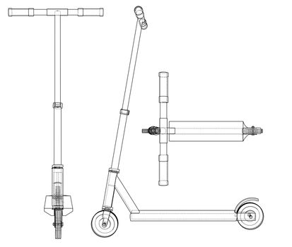 Kick scooter outline. 3d illustration. Wire-frame style