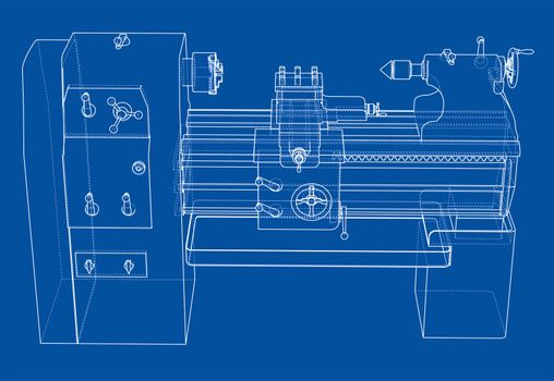 Lathe concept. 3d illustration. Blueprint or Wire-frame style