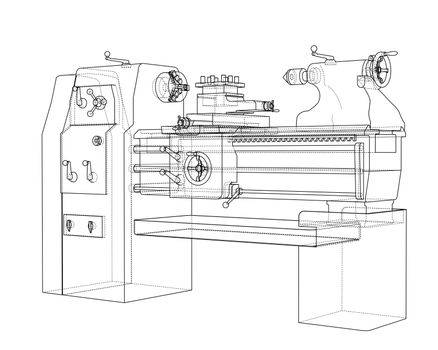 Lathe concept. 3d illustration. Blueprint or Wire-frame style