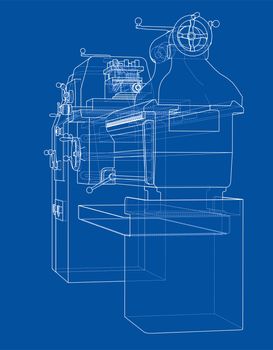 Lathe concept. 3d illustration. Blueprint or Wire-frame style