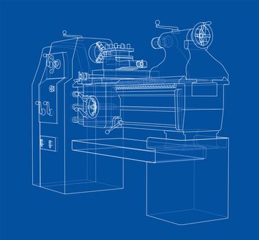 Lathe concept. 3d illustration. Blueprint or Wire-frame style