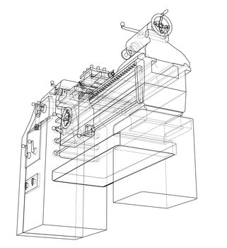 Lathe concept. 3d illustration. Blueprint or Wire-frame style