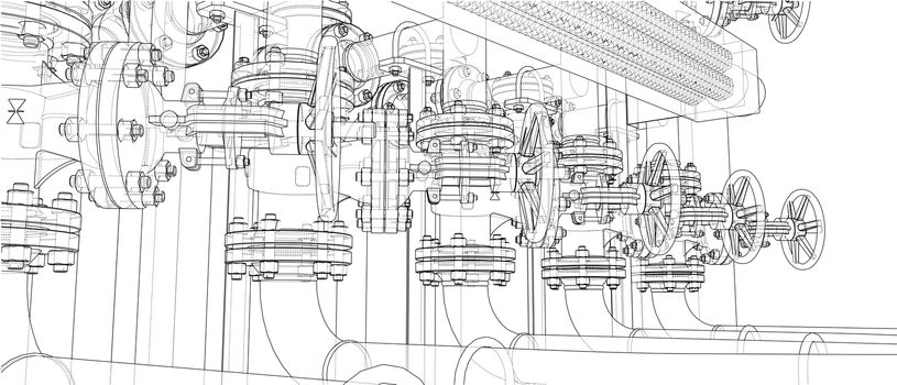 Sketch of industrial equipment. 3d illustration. Wire-frame style