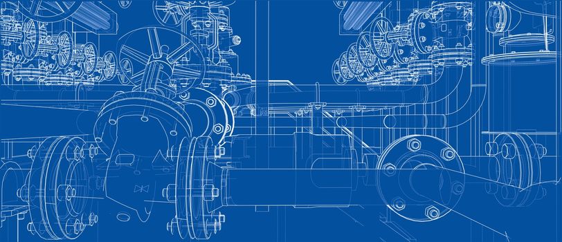 Sketch of industrial equipment. 3d illustration. Wire-frame style