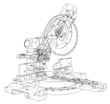 Mitre saw blade concept. 3d illustration. Wire-frame style