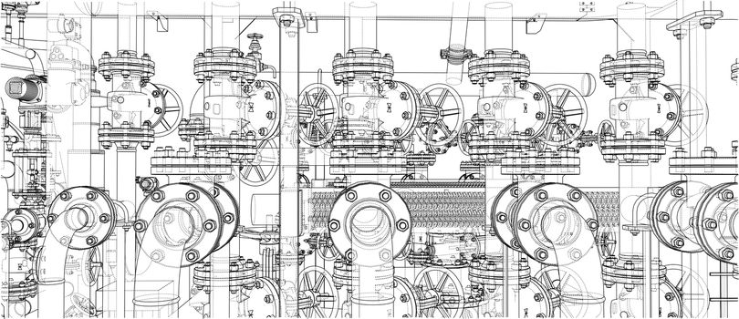 Sketch of industrial equipment. 3d illustration. Wire-frame style