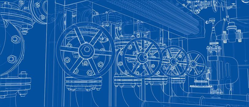 Sketch of industrial equipment. 3d illustration. Wire-frame style