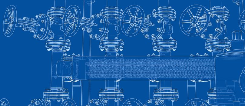 Sketch of industrial equipment. 3d illustration. Wire-frame style