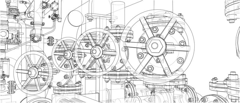 Sketch of industrial equipment. 3d illustration. Wire-frame style