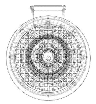 Electric motor sketch. 3d illustration. Wire-frame style