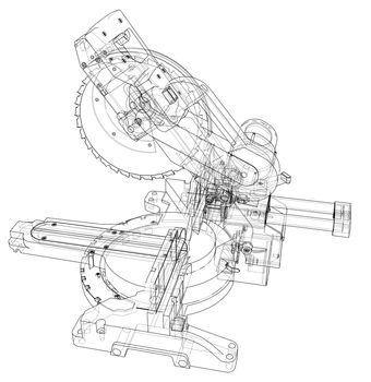 Mitre saw blade concept. 3d illustration. Wire-frame style