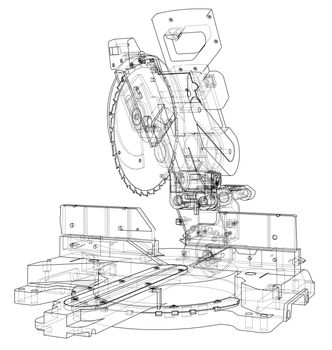 Mitre saw blade concept. 3d illustration. Wire-frame style