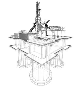 Offshore oil rig drilling platform concept. 3d illustration. Wire-frame style