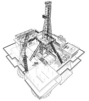 Offshore oil rig drilling platform concept. 3d illustration. Wire-frame style