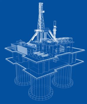 Offshore oil rig drilling platform concept. 3d illustration. Wire-frame style