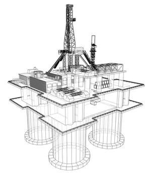 Offshore oil rig drilling platform concept. 3d illustration. Wire-frame style