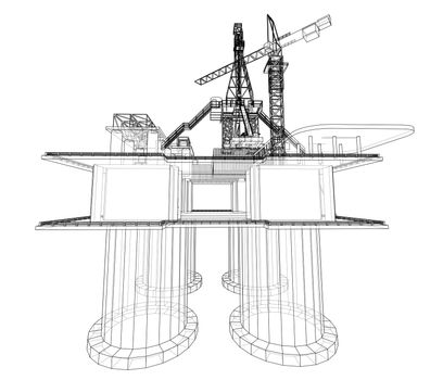 Offshore oil rig drilling platform concept. 3d illustration. Wire-frame style