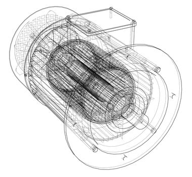 Electric motor sketch. 3d illustration. Wire-frame style
