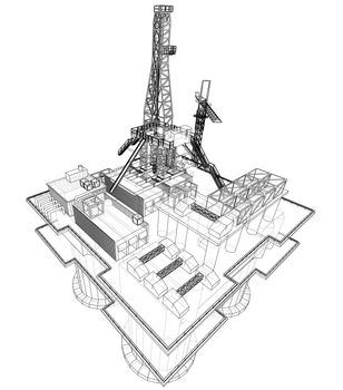 Offshore oil rig drilling platform concept. 3d illustration. Wire-frame style