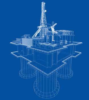 Offshore oil rig drilling platform concept. 3d illustration. Wire-frame style