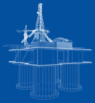 Offshore oil rig drilling platform concept. 3d illustration. Wire-frame style