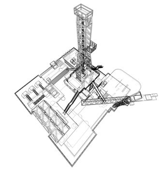 Offshore oil rig drilling platform concept. 3d illustration. Wire-frame style