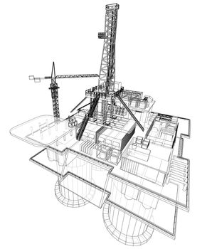 Offshore oil rig drilling platform concept. 3d illustration. Wire-frame style