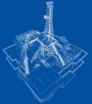 Offshore oil rig drilling platform concept. 3d illustration. Wire-frame style