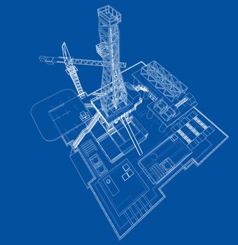 Offshore oil rig drilling platform concept. 3d illustration. Wire-frame style