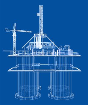 Offshore oil rig drilling platform concept. 3d illustration. Wire-frame style