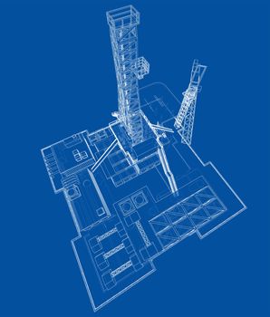 Offshore oil rig drilling platform concept. 3d illustration. Wire-frame style
